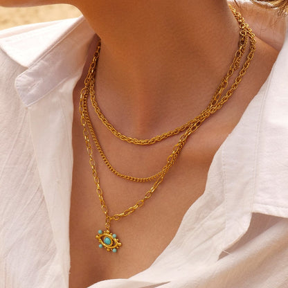 AMARA- LAYERED NECKLACE- GOLD AND TURQUOISE. Sophisticated Mi Amore chains, a statement piece to enhance your style. Explore the best chains in Trinidad and Tobago jewelry